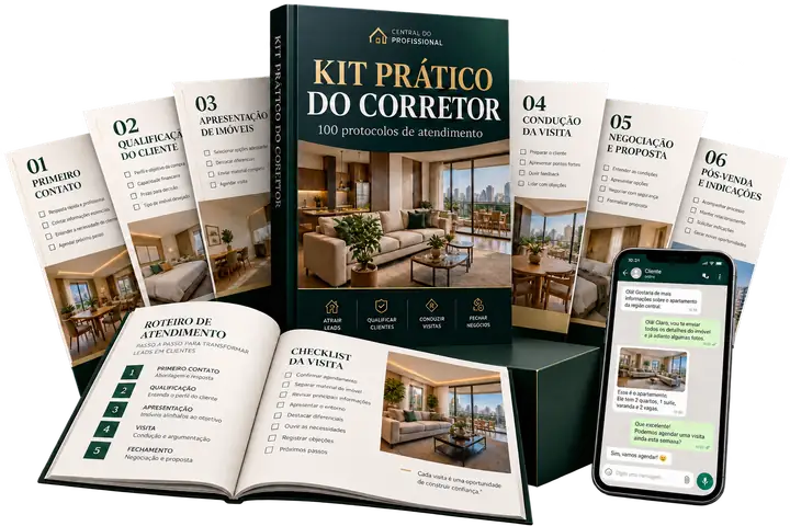 Kit Prático do Corretor: livro digital, uma coleção de 100 protocolos e exemplos de atendimento sobre uma base verde